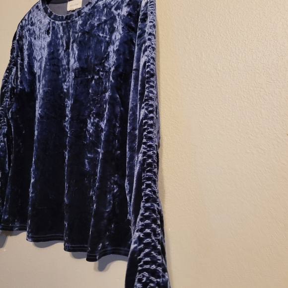 Mello Day Crushed Velvet Blue Ruched Sleeve Top - Picture 5 of 8
